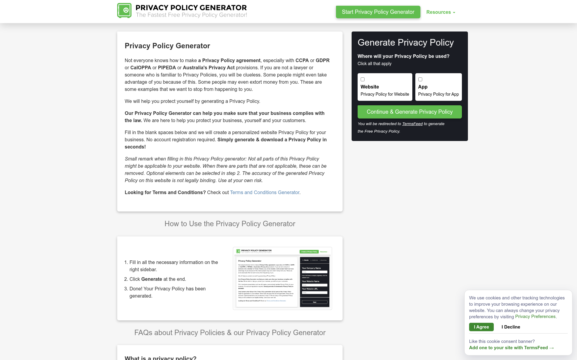 Screenshot of privacypolicygenerator.info