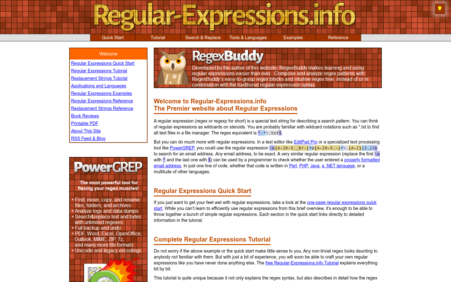 Screenshot of regular-expressions.info